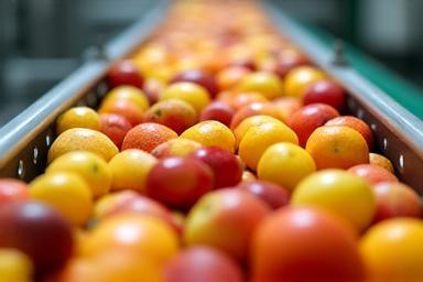 Immagine di frutta smistata su un nastro trasportatore